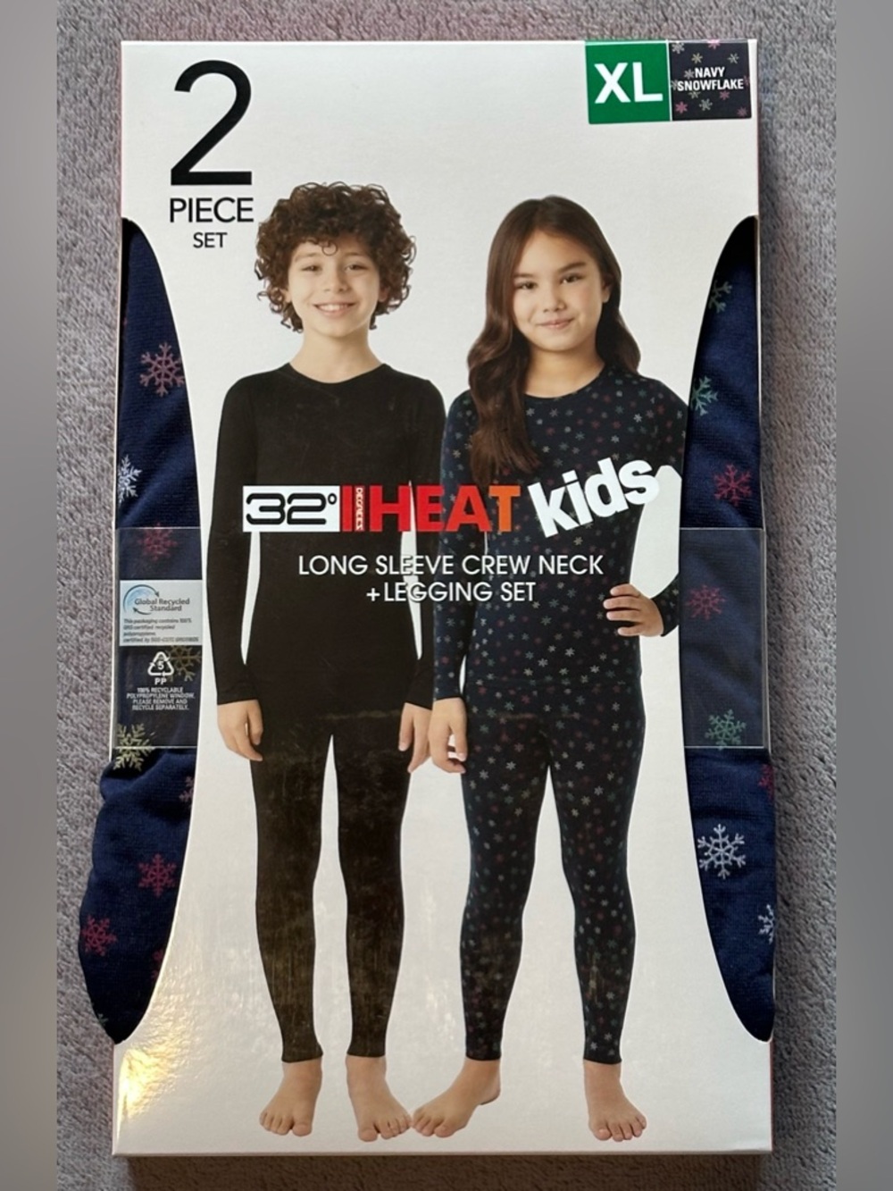 32 Degrees Kid's Heat Base Layer 2 Piece Set (Navy Snowflake)/ Size: XL/ NWT